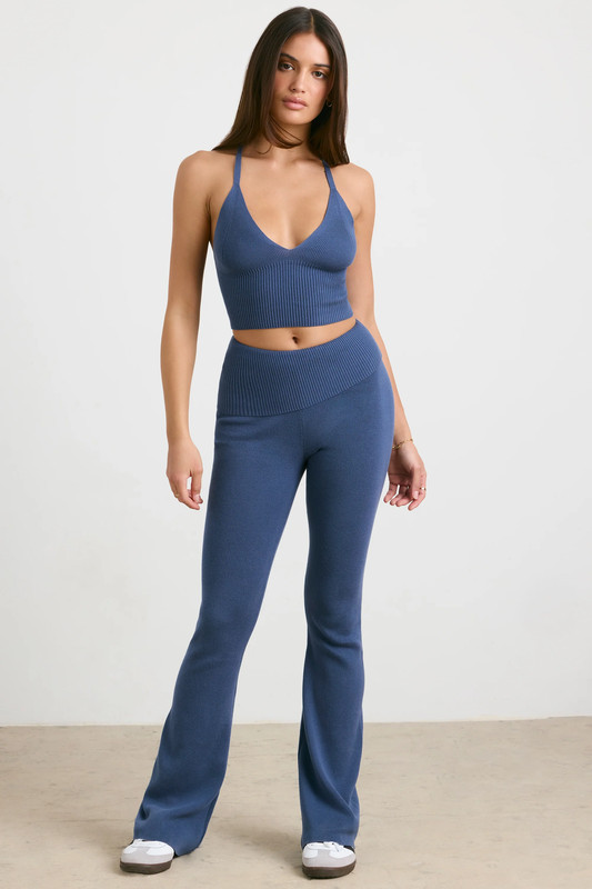 Petite Chunky Knit Kick Flare Trousers in Washed Navy - UK Size:L